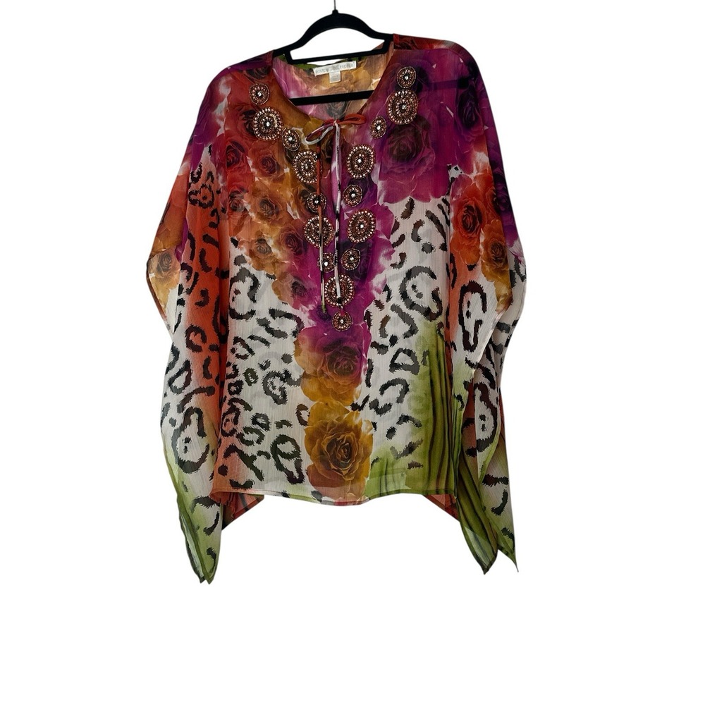 Boston Proper Tunic Top Women's Size 8 Animal Print Floral Sheer‎ Beach Beaded